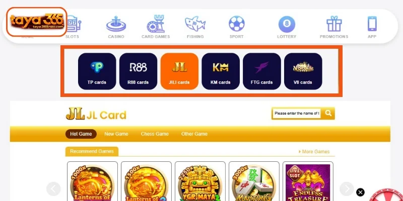 TAYA365 Card Games gaming lobby